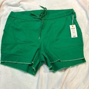 YMI Shamrock Green Cotton Drawstring Waist Frayed High Low Hem Shorts